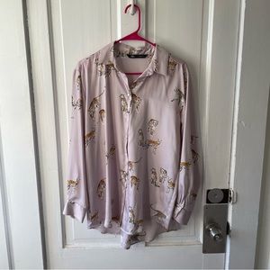 ZARA Leopard Print Light Pink Chic Silky Satin Button Down Blouse
